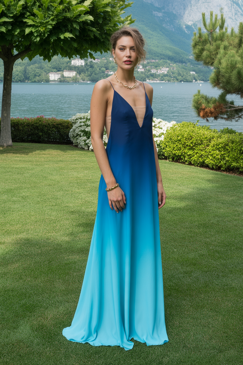 Same woman in navy-to-turquoise ombré floor-length slip gown, wider shot showing full silhouette and Como-style lakeside venue with wooded hills and water behind her