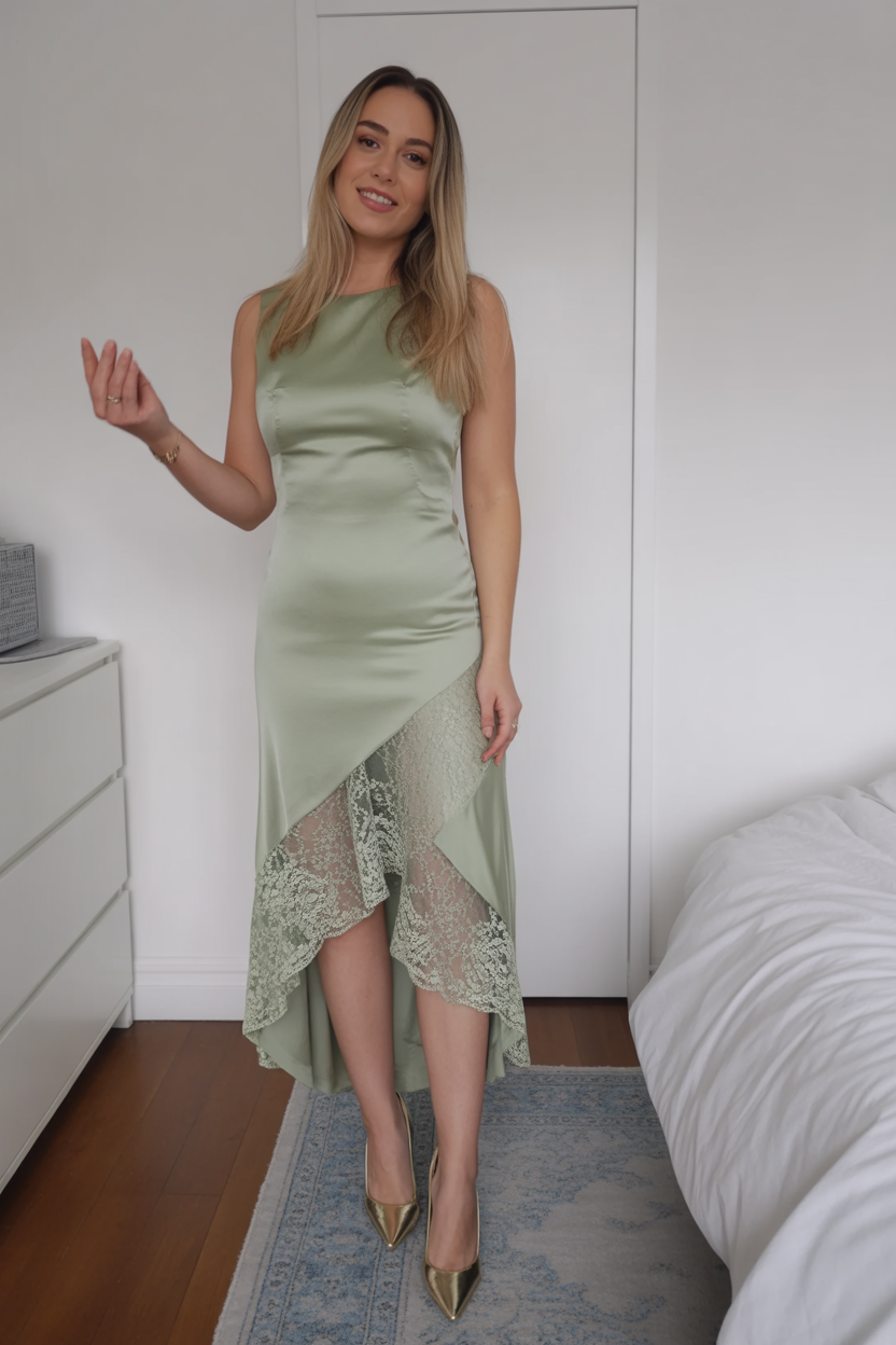Woman standing in a bedroom wearing a sleeveless light green satin spring wedding guest dress with lace detailing and gold heels, smiling at the camera.