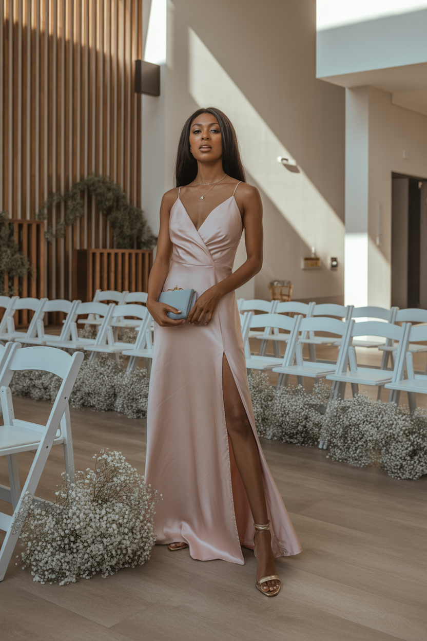 Woman in blush satin V-neck wrap floor-length gown with side slit, standing in a wedding ceremony venue with white folding chairs and baby's breath aisle decorations