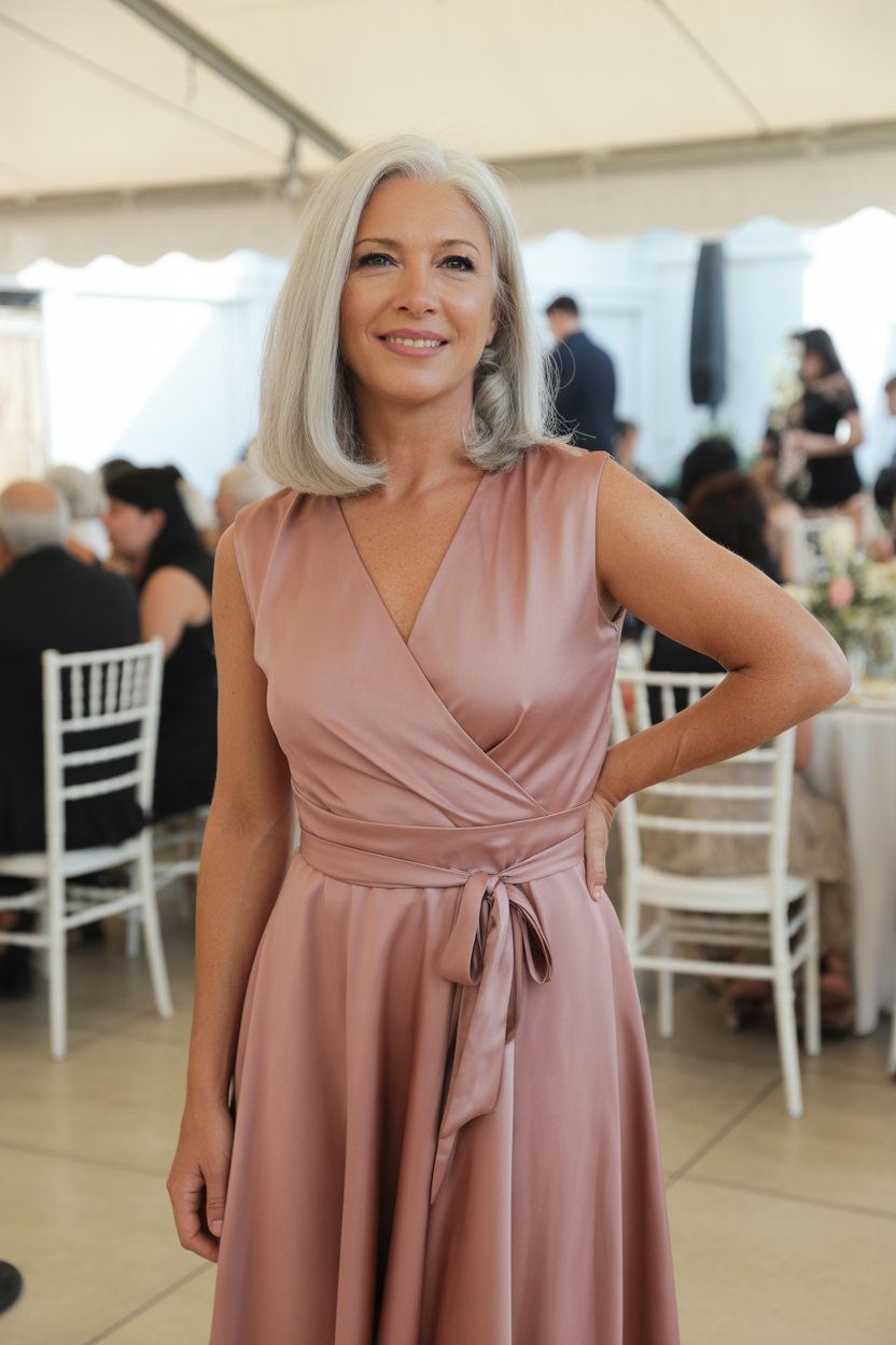 Silver-haired woman in dusty rose satin wrap midi dress with V-neck and self-tie sash, smiling at an outdoor garden wedding reception with Chiavari chairs and guests in the background