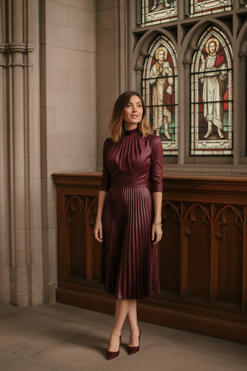 A woman in a burgundy dress and heels stands indoors by a wooden panel, with stained glass windows depicting figures in the background—a chic inspiration for summer wedding guest dresses.