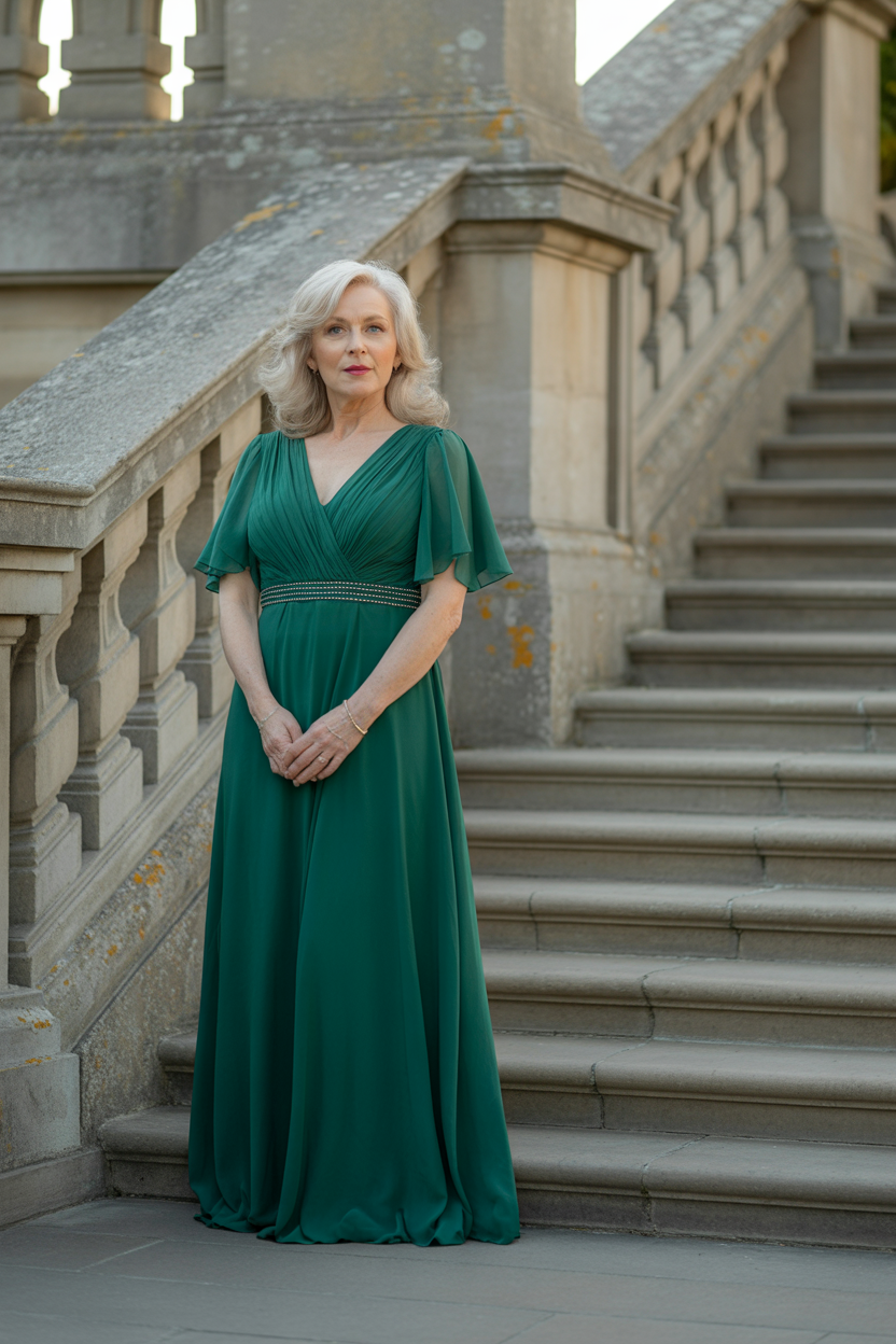 An older woman with gray hair, wearing a green gown suitable for Black Tie Wedding Guest Dresses, stands in front of a stone staircase with ornate railings.