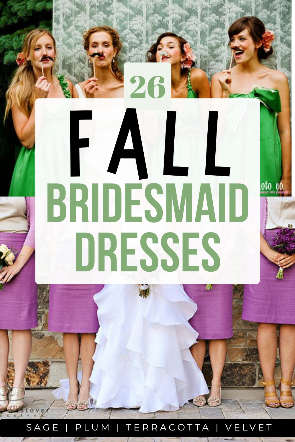 A collage showing four women in green dresses holding fake mustaches and four women in purple dresses with bouquets, highlighting colors and fabrics for trending fall bridesmaid dresses.