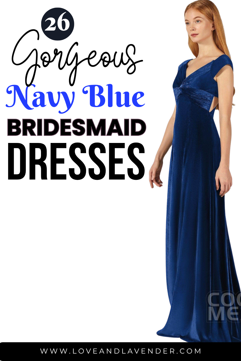 Woman wearing a floor-length, navy blue bridesmaid dress with cap sleeves; text highlights 26 gorgeous navy blue bridesmaid dresses for a timeless wedding style.