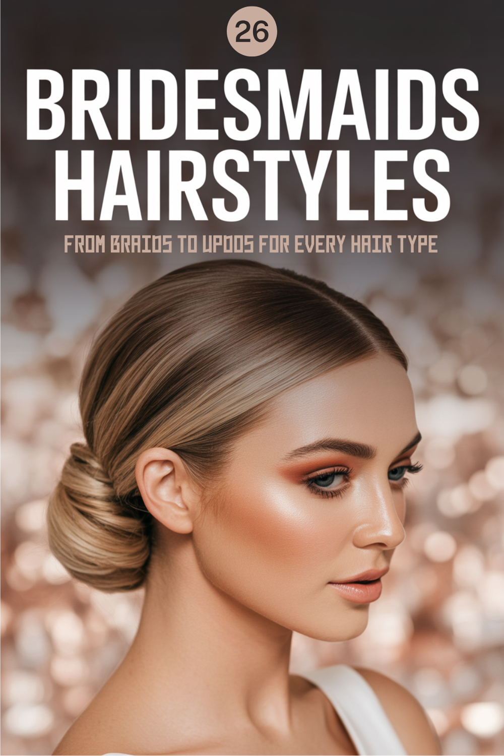 A woman with a smooth low bun hairstyle is shown under text that reads "26 Bridesmaid hairstyles: From braids to updos for every hair type.