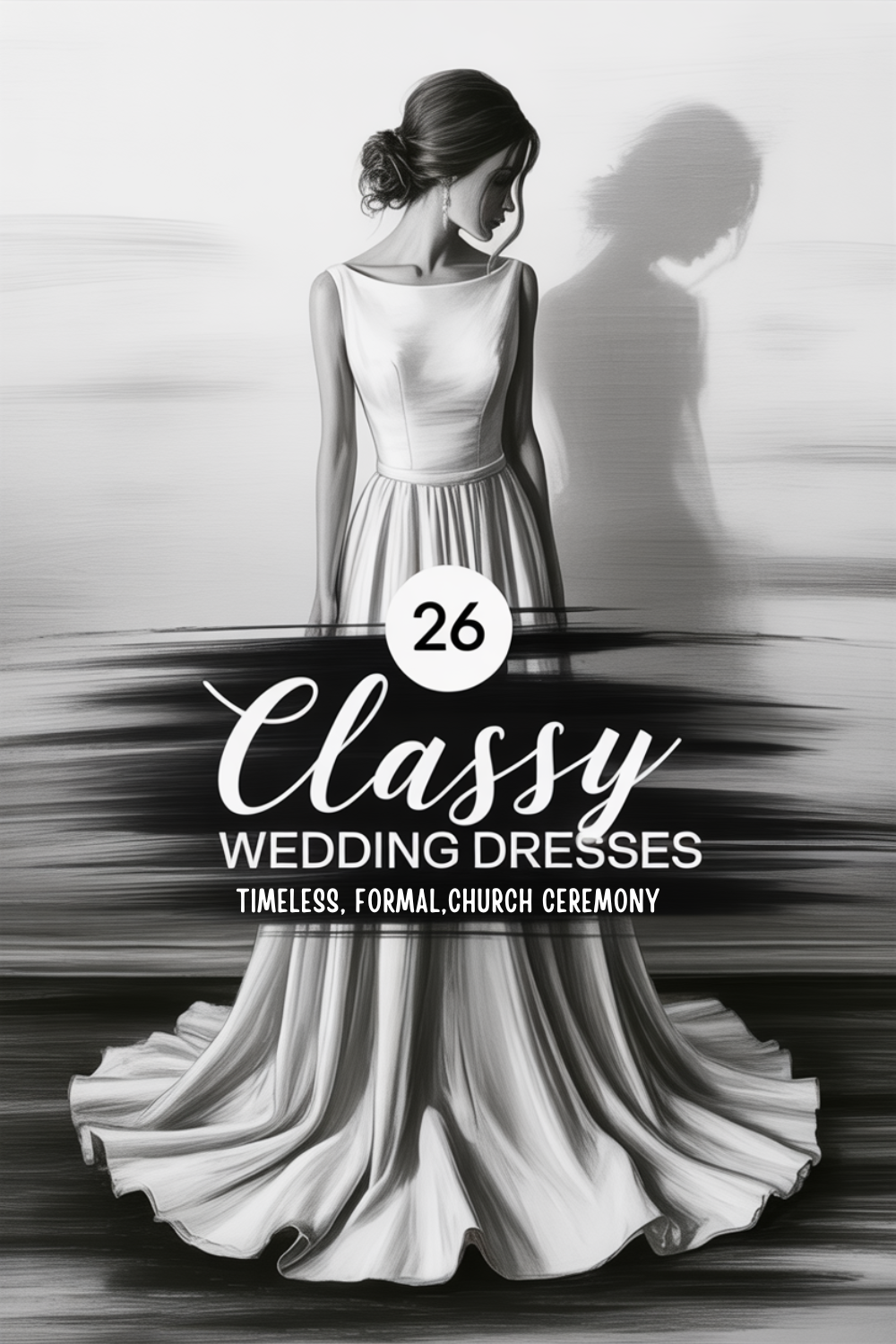 A woman in a formal, elegant wedding dress stands with her back partially turned; text reads “26 Classy Bridal Gowns: Timeless, Formal, Church Ceremony.”.