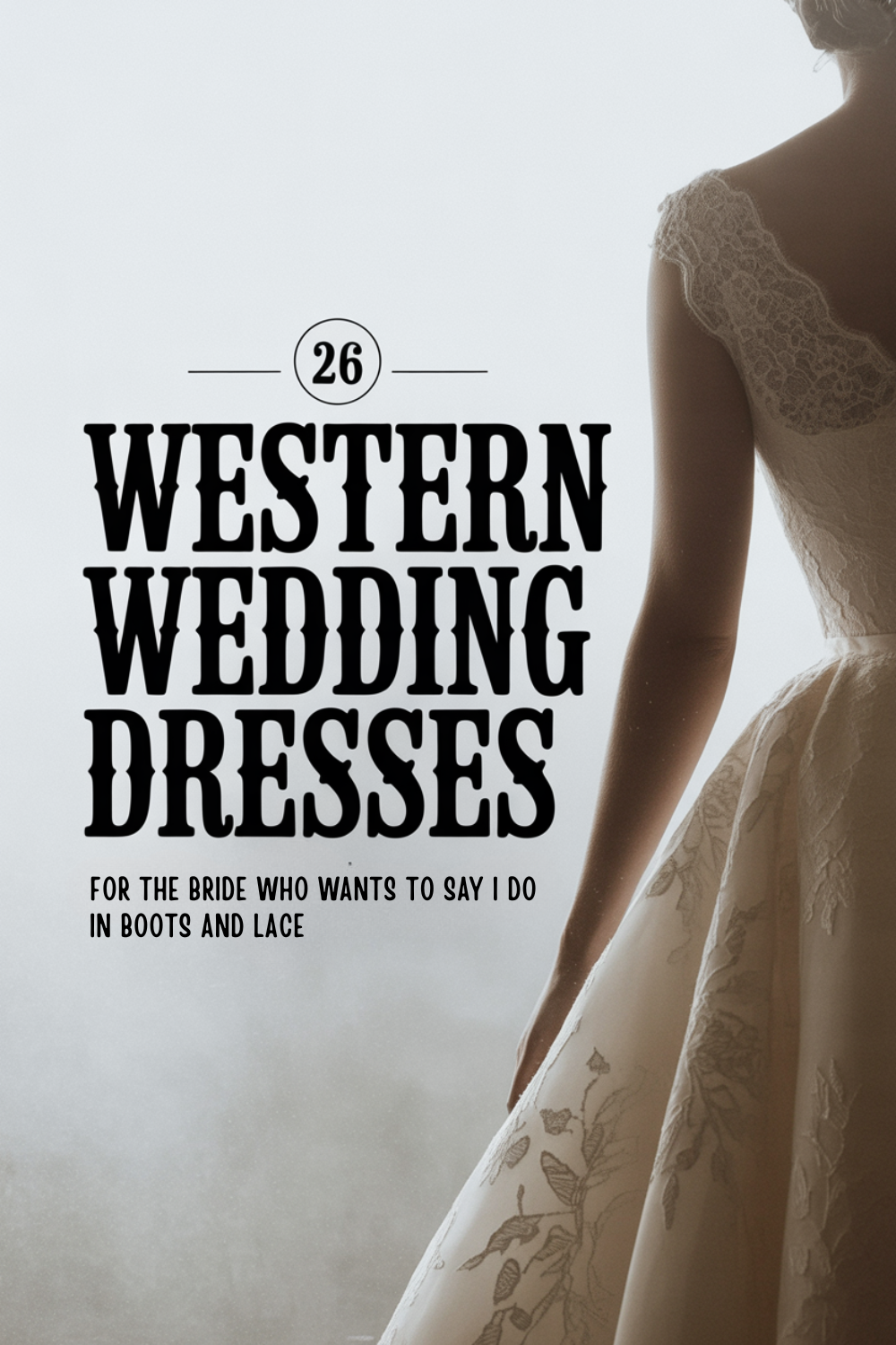 A bride in a lace wedding dress and boots stands beside text that reads "26 Western Wedding Dresses"—perfect for brides who want to say "I do" in true Western style.