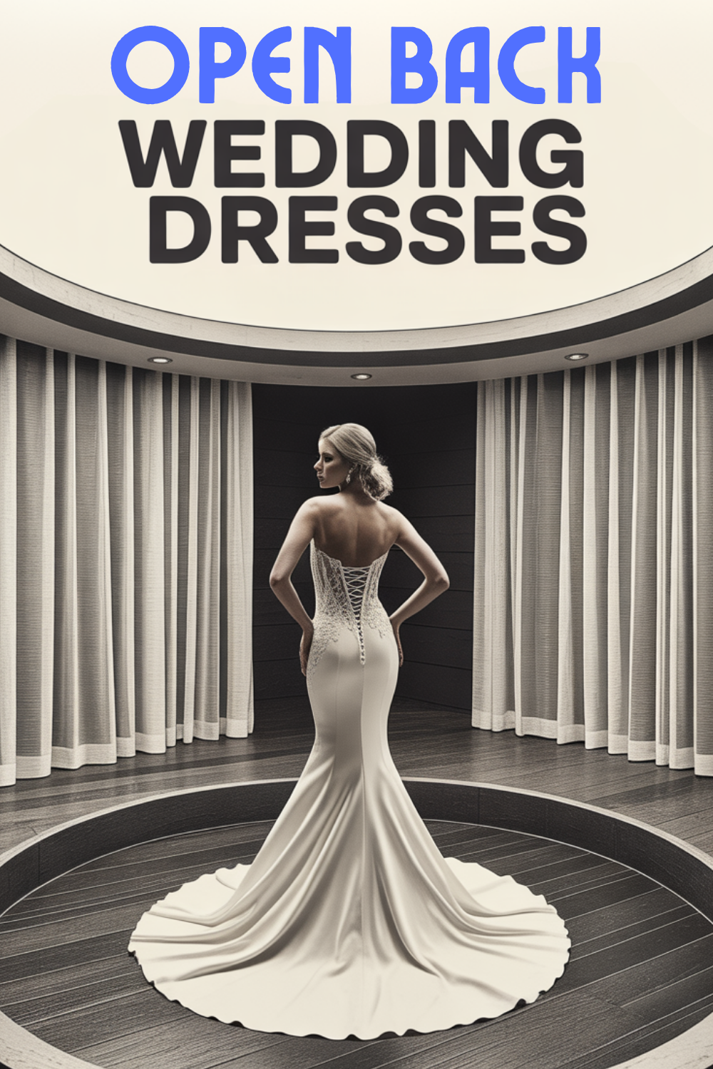 A woman in a white open-back wedding dress stands on a round platform, with curtains behind her and the text "Open Back Wedding Dresses" above—a stunning showcase for modern bridal dresses.