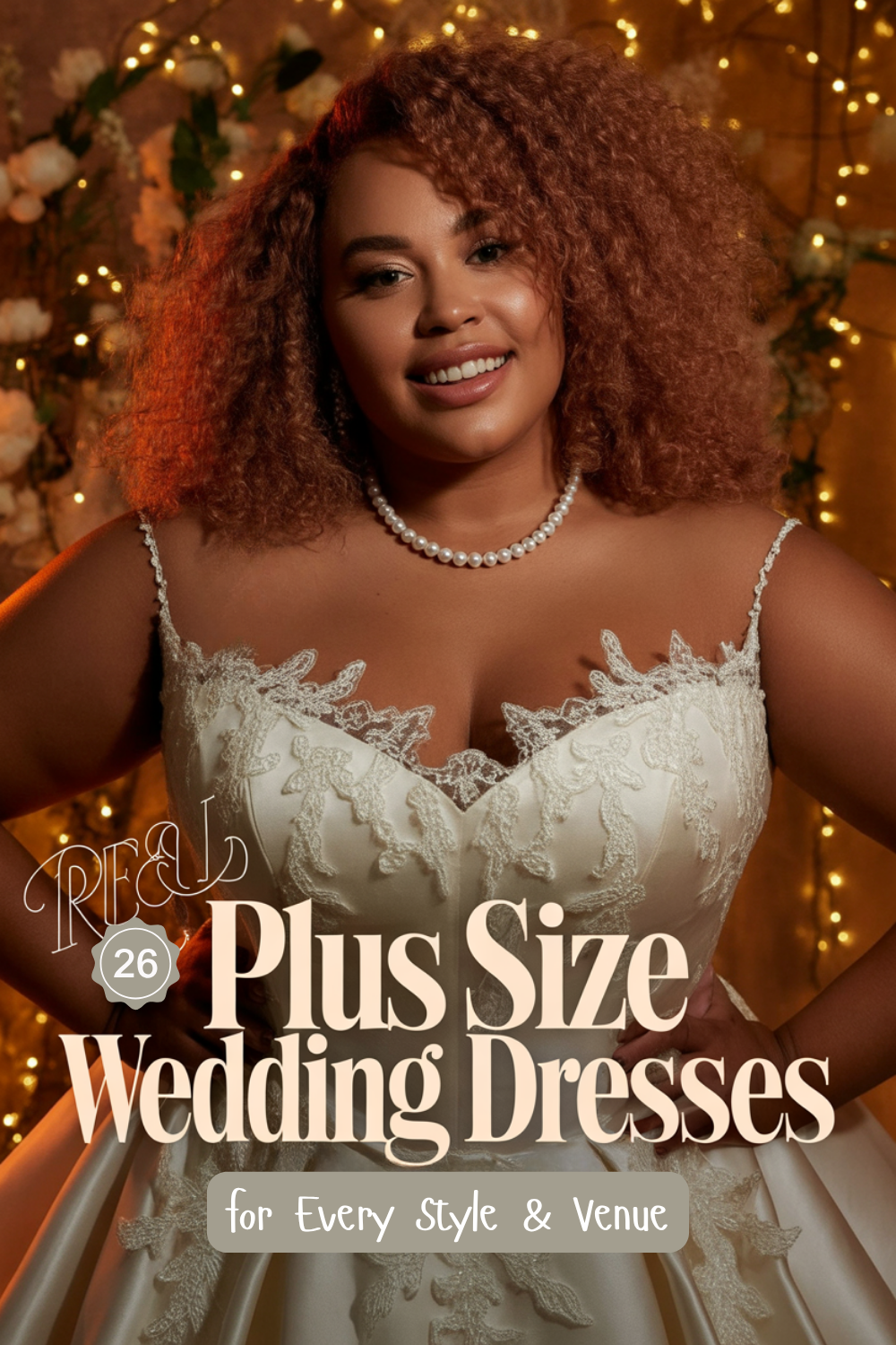 A woman in a white wedding dress poses before a floral and light backdrop. Text reads: “Plus-Size Wedding Dresses for Every Style & Venue,” inspired by real brides.