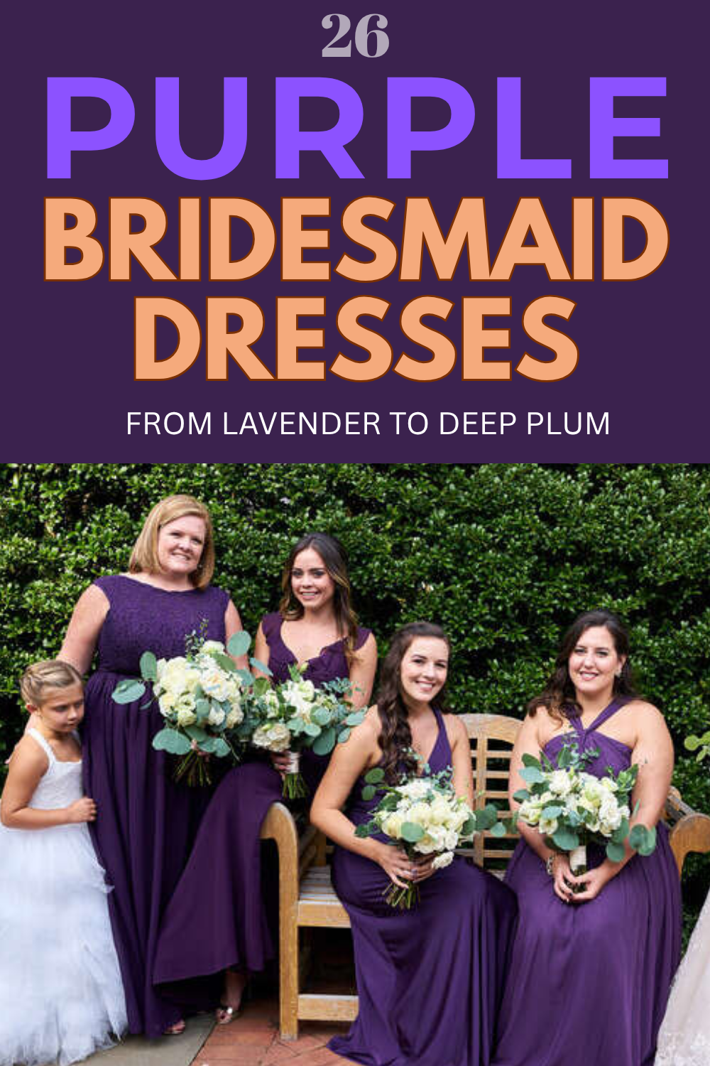 Four women in matching purple bridesmaid dresses and one young girl in a white dress pose outdoors with bouquets, capturing a joyful moment from real weddings among lush greenery.