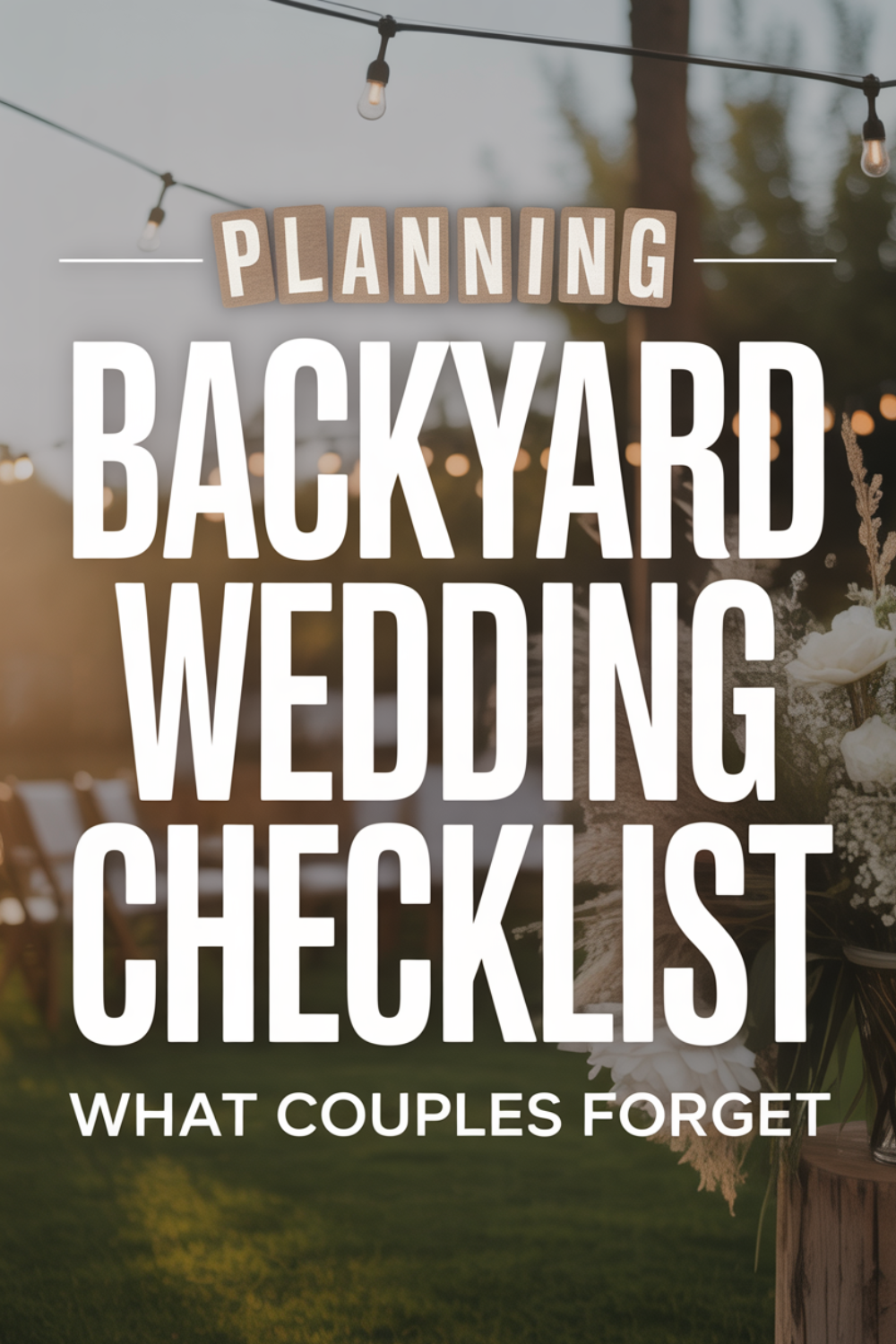 Outdoor wedding setup with floral arrangements and string lights, overlaid with text: "Backyard Wedding Checklist: What Couples Forget in Wedding Planning.