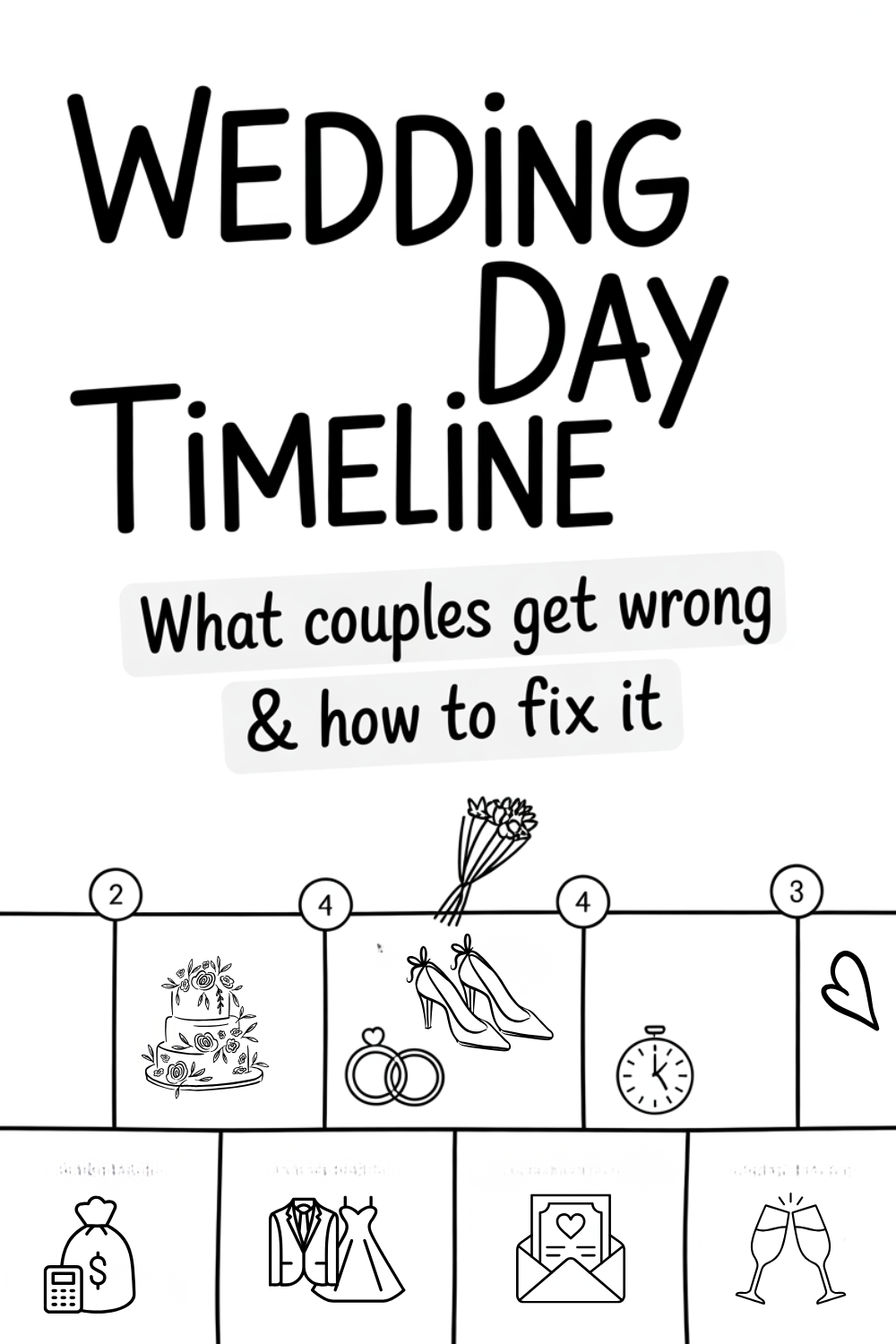 Black and white graphic titled "Wedding Day Timeline: What couples get wrong & how to fix it," featuring icons of rings, bouquet, heels, clock, and gifts—perfect for wedding planning or discovering essential wedding tips.