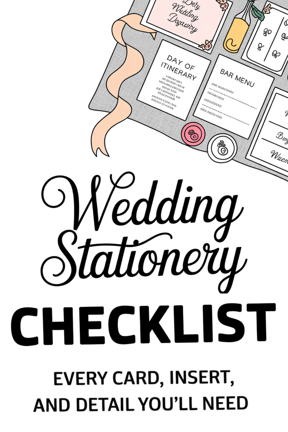 Wedding Stationery Checklist graphic with illustrated stationery items—perfect for your wedding planning—including an itinerary, bar menu, and RSVP card, plus the text: "Every card, insert, and detail you'll need.