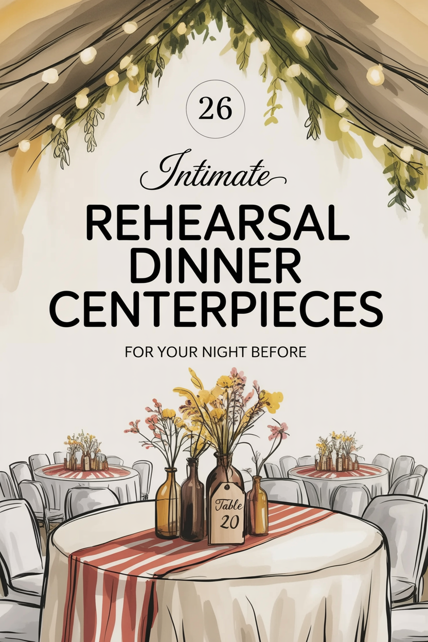 Decorated tables with floral centerpieces and bottles under a draped canopy, showcasing beautiful rehearsal dinner centerpiece ideas. Text reads: "26 Intimate Rehearsal Dinner Centerpieces for Your Night Before. Table 20.