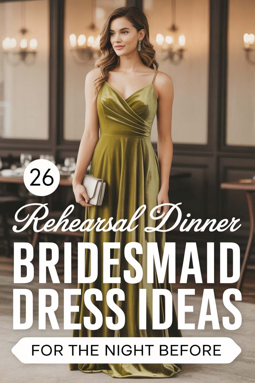Woman in a green satin dress stands indoors, holding a silver clutch. Text reads: "26 Rehearsal Dinner Bridesmaid Dress Ideas to Upgrade Your Look for the Night Before.