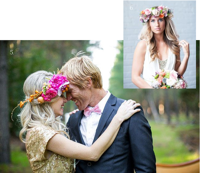 A couple embraces outdoors, both wearing flower crowns. An inset shows a woman indoors, also wearing a flower crown and holding a bouquet.
