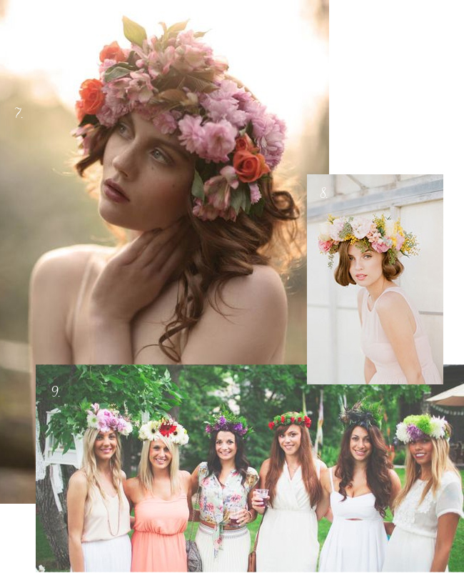 Three photos show women wearing floral crowns. One woman poses outdoors with pink flowers, another sits indoors with a pastel crown, and a group of five women wear various flower crowns outside.