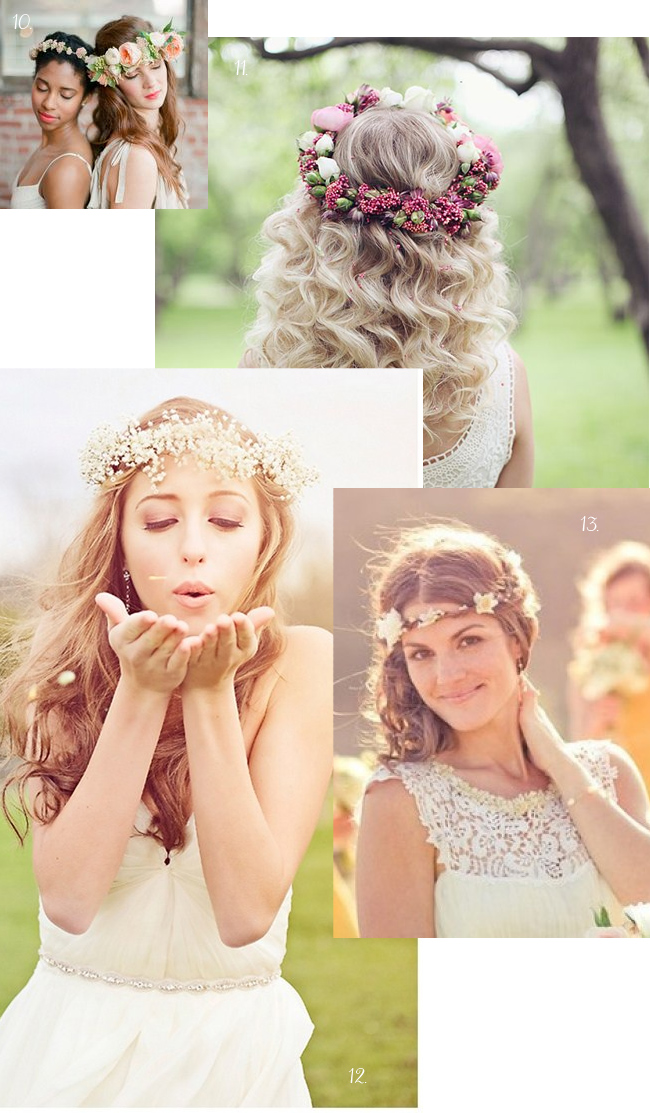 Four women in white dresses wear floral crowns in outdoor settings, with soft lighting and greenery in the background. Each woman has a different hairstyle and floral crown style.