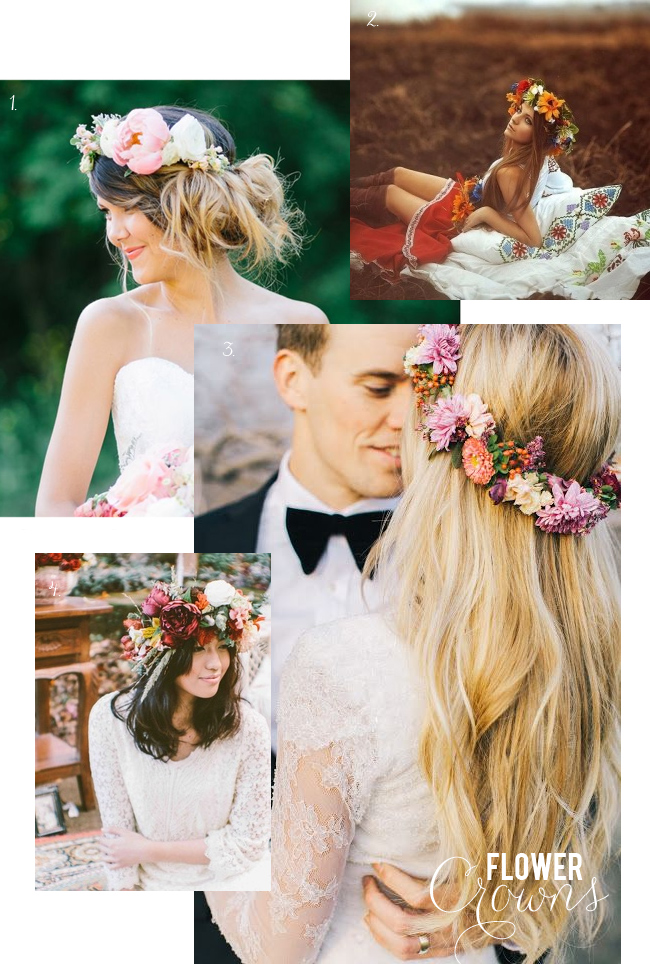 Four women wearing different colorful flower crowns in various outdoor and wedding settings; one couple embraces while others pose or sit in relaxed poses. Text reads "FLOWER CROWNS.