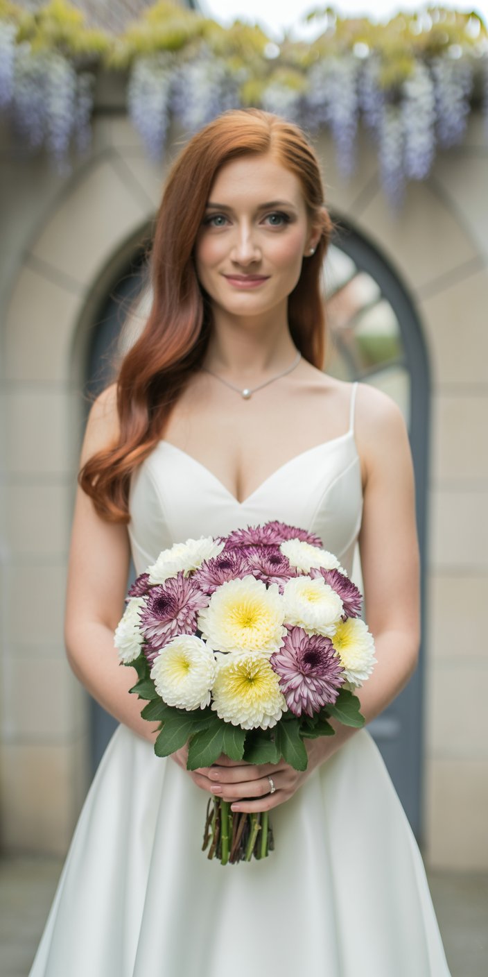 Woman in a white dress holding a bouquet of white and purple fall wedding flowers, standing outdoors in front of an arched stone structure with hanging wisteria—perfect inspiration for Pinterest fans of real weddings.