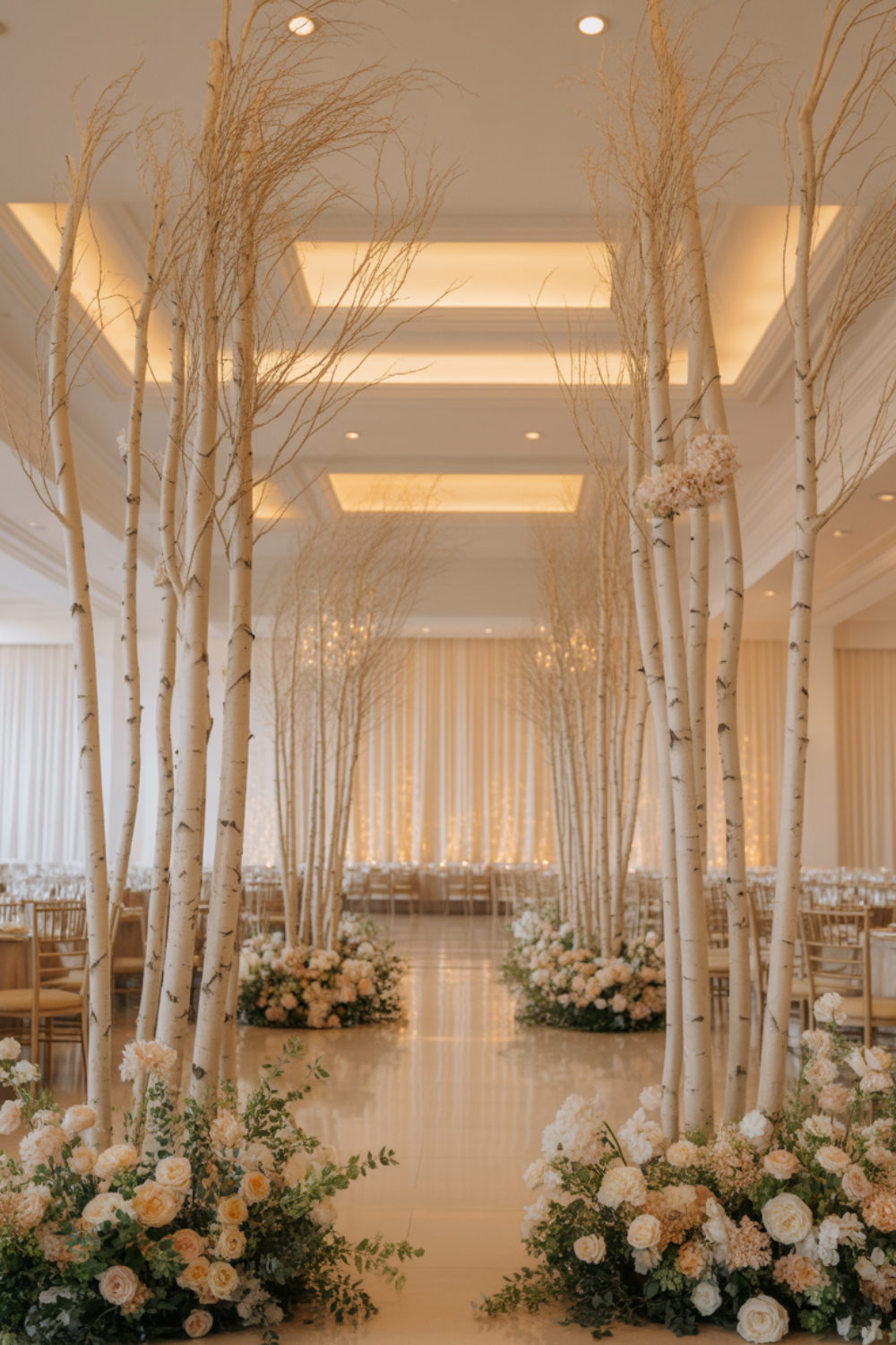 Tall white birch trees lining both sides of a ballroom aisle with cream and peach floral clusters at their bases, lit by warm ceiling light