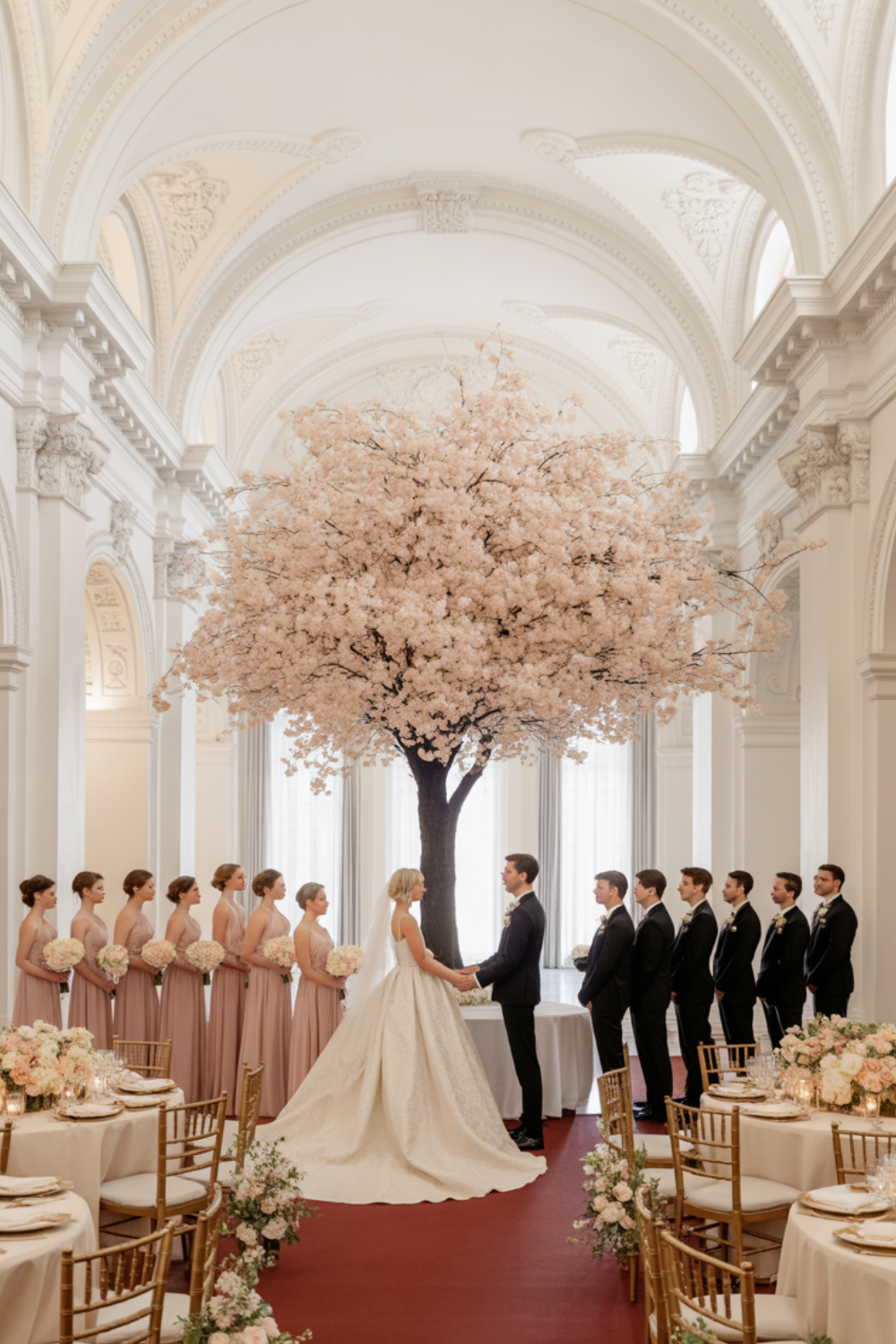 Blush artificial cherry blossom tree behind a couple exchanging vows in a white vaulted ballroom, with the wedding party lined up on both sides