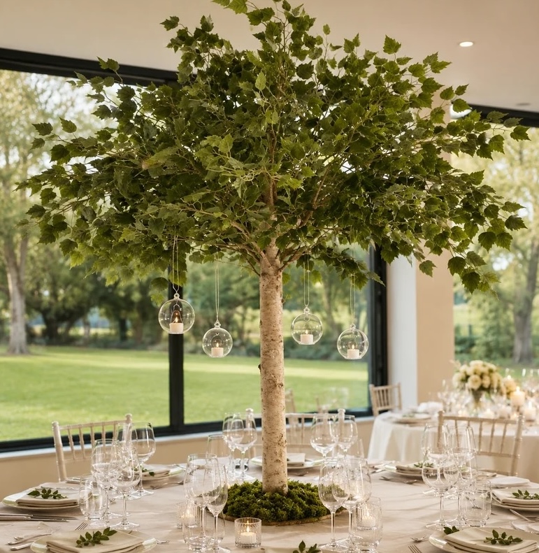 A large artificial tree centerpiece with hanging glass orbs decorates a round table set with white linens, glassware, and plates in a bright event space with large windows overlooking greenery—a stunning addition to elegant wedding decor.
