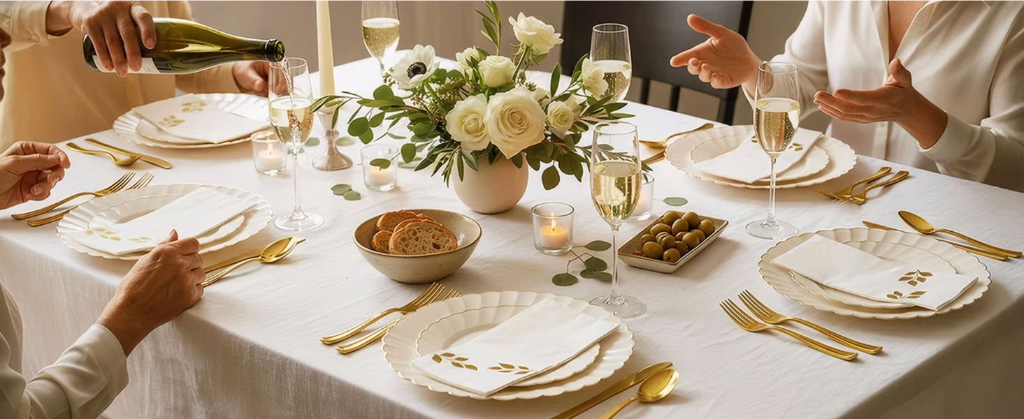 Four people sit at an elegantly set dining table with gold cutlery, elegant disposable plates, crisp napkins, flowers, bread, olives, and champagne—showcasing sophisticated wedding table settings that blend style with convenience.