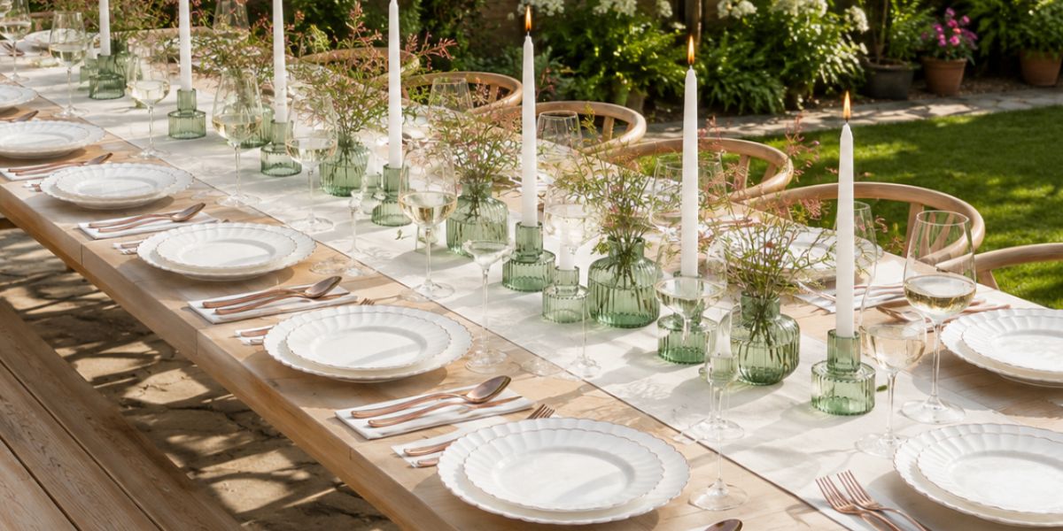 A long outdoor dining table is set with elegant disposable table settings, including white plates, silverware, wine glasses, green vases with greenery, and tall white candles.