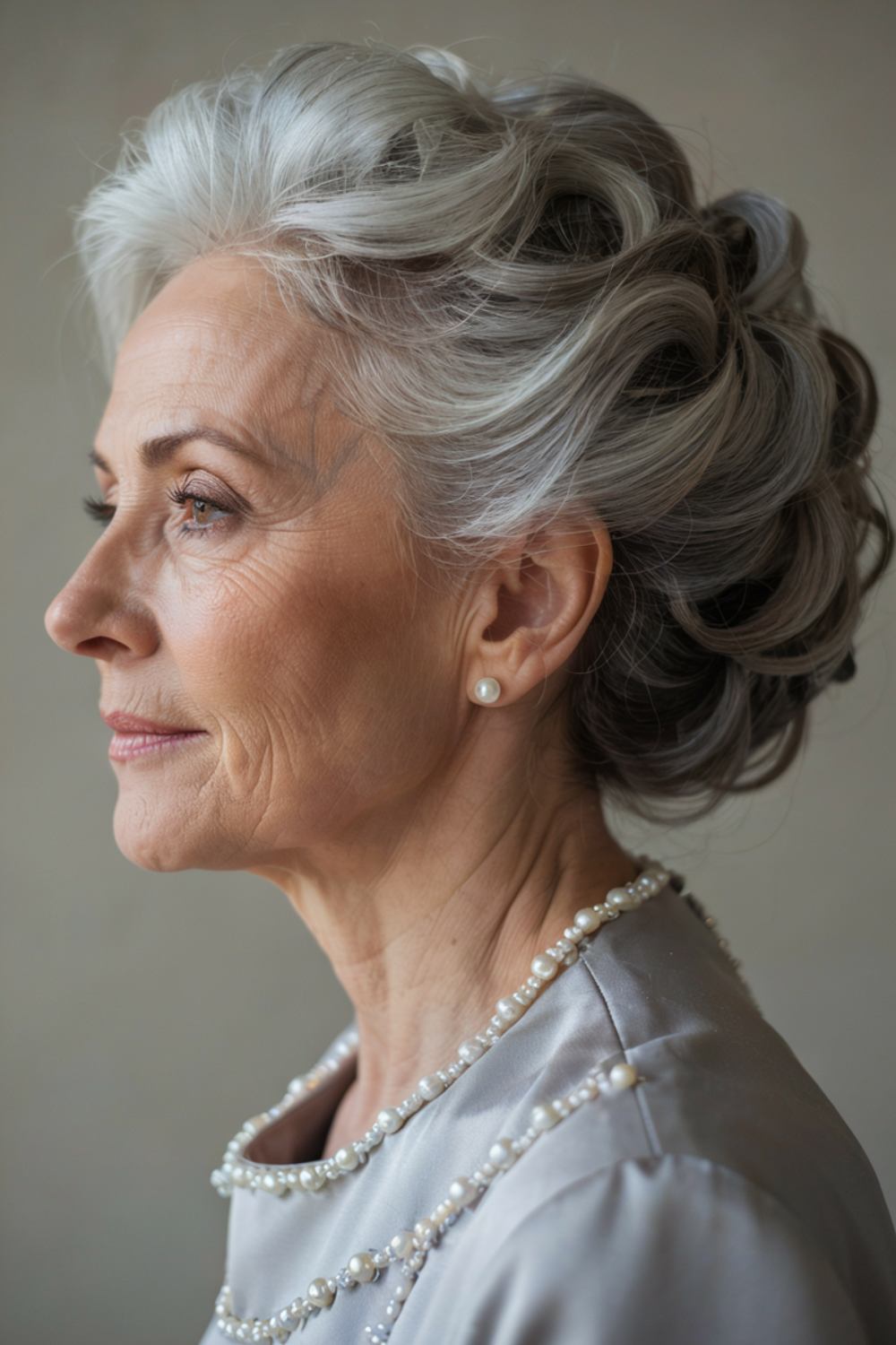 Silver hair set in vintage waves and swept up into a soft voluminous updo, shown in profile with a pearl earring