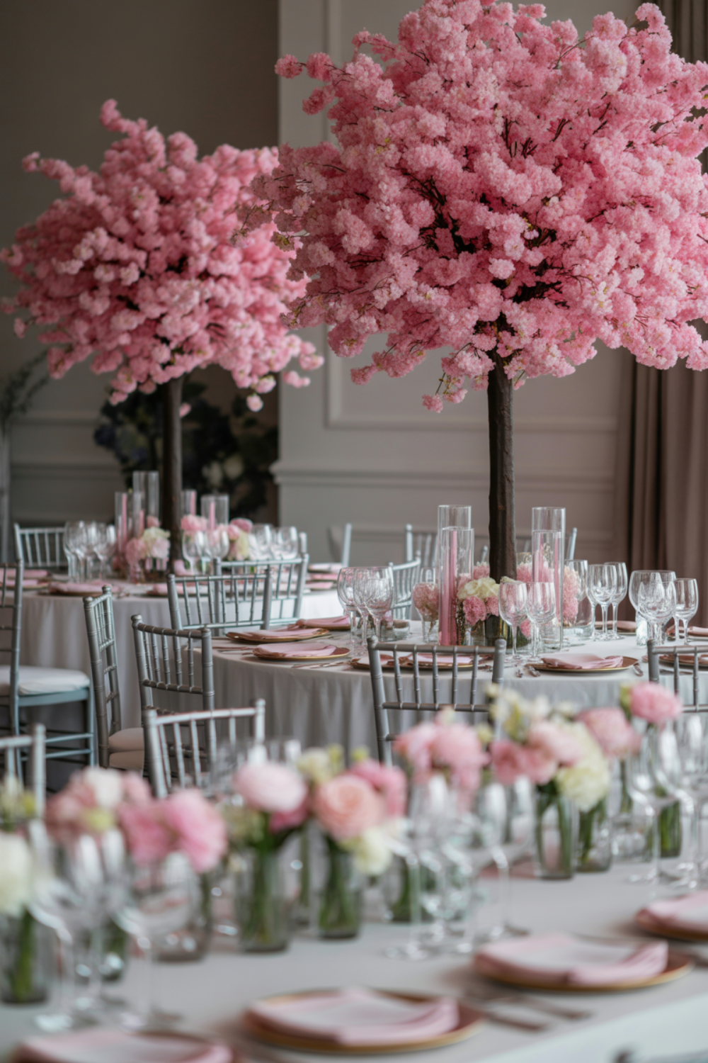 Two tall pink artificial blossom trees used as reception centerpieces, canopies held high on slim trunks above pink and gold place settings