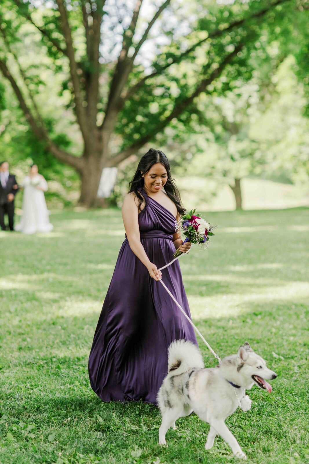 A woman in a purple dress walks a husky on a leash across a grassy field, holding a bouquet, with trees and people in the background.